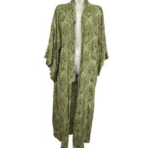 Free People Riviera Moss Green Print Open Kimono Long Jacket NWT Boho sz ALL OS